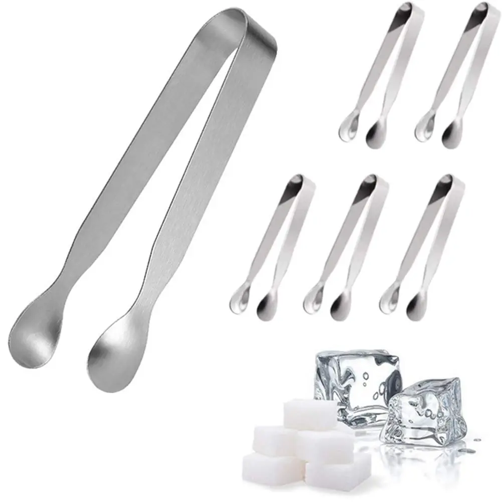 This six-piece set of stainless steel mini serving tongs is perfect for serving sugar cubes, appetizers, ice, and other small items at a party, buffet, or in the kitchen.