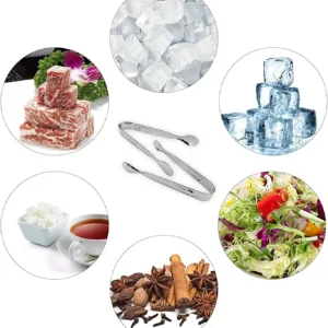 This six-piece set of stainless steel mini serving tongs is perfect for serving sugar cubes, appetizers, ice, and other small items at a party, buffet, or in the kitchen.
