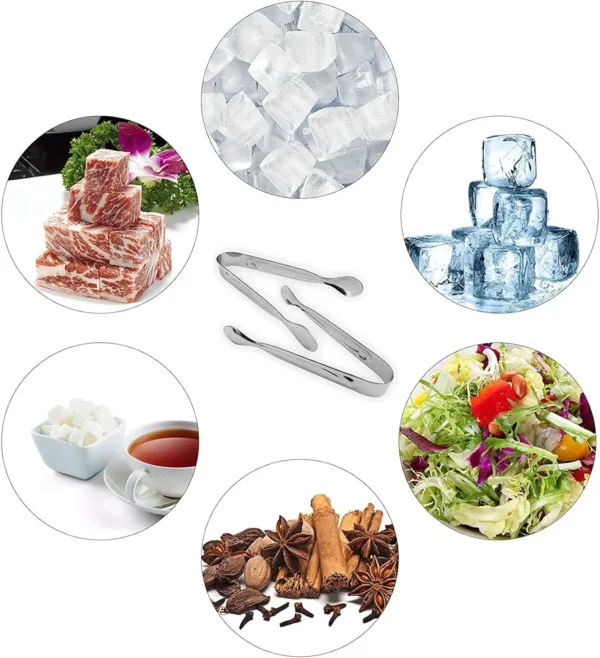 This six-piece set of stainless steel mini serving tongs is perfect for serving sugar cubes, appetizers, ice, and other small items at a party, buffet, or in the kitchen.