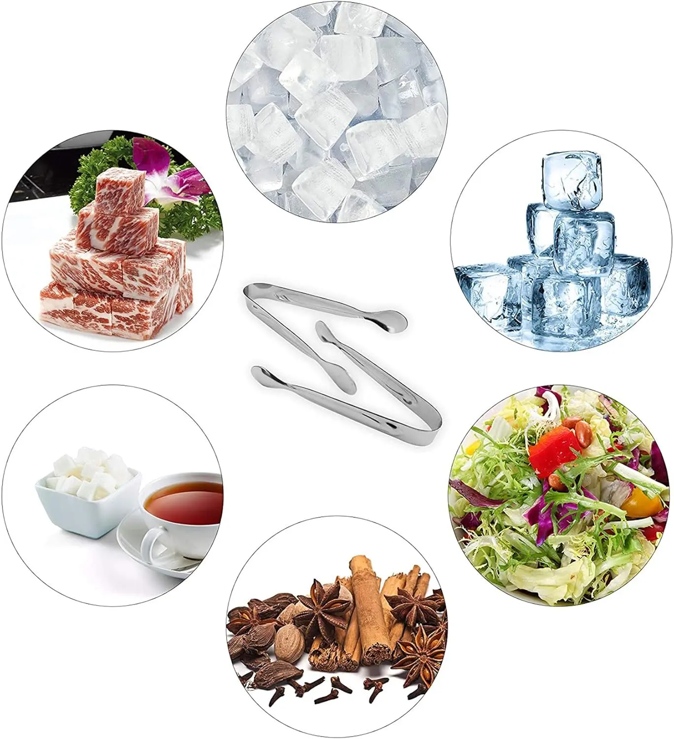 This six-piece set of stainless steel mini serving tongs is perfect for serving sugar cubes, appetizers, ice, and other small items at a party, buffet, or in the kitchen.