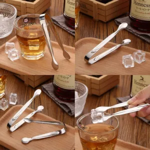 This six-piece set of stainless steel mini serving tongs is perfect for serving sugar cubes, appetizers, ice, and other small items at a party, buffet, or in the kitchen.