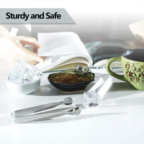 This six-piece set of stainless steel mini serving tongs is perfect for serving sugar cubes, appetizers, ice, and other small items at a party, buffet, or in the kitchen.