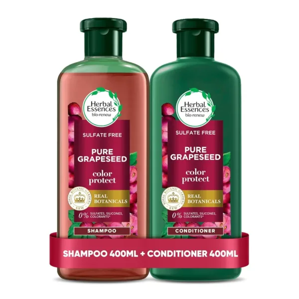 Herbal Essences color protect shampoo and conditioner set, enriched with antioxidant-rich grapeseed, helps maintain vibrant hair color for up to 12 weeks while nourishing and softening hair without sulfates, parabens, or colorants.