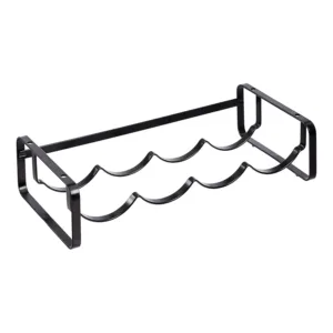 A stackable steel wine rack with a wave design securely holds wine bottles on a tabletop, preventing them from rolling.