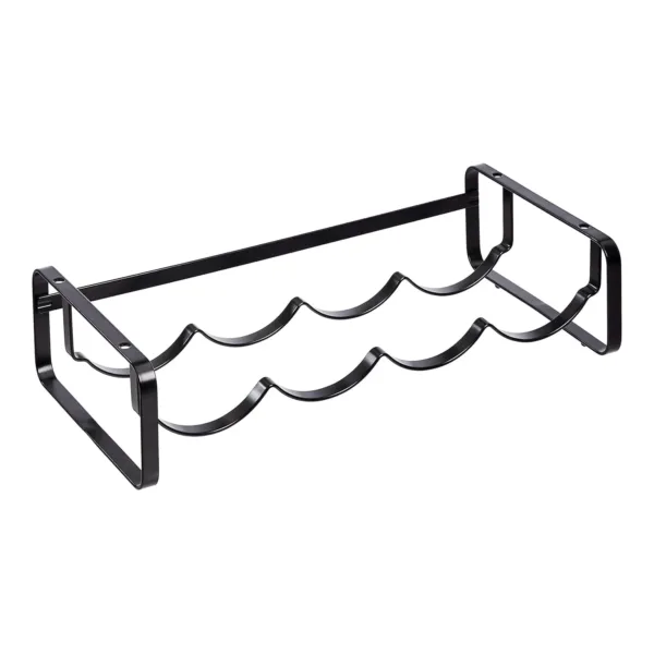 A stackable steel wine rack with a wave design securely holds wine bottles on a tabletop, preventing them from rolling.