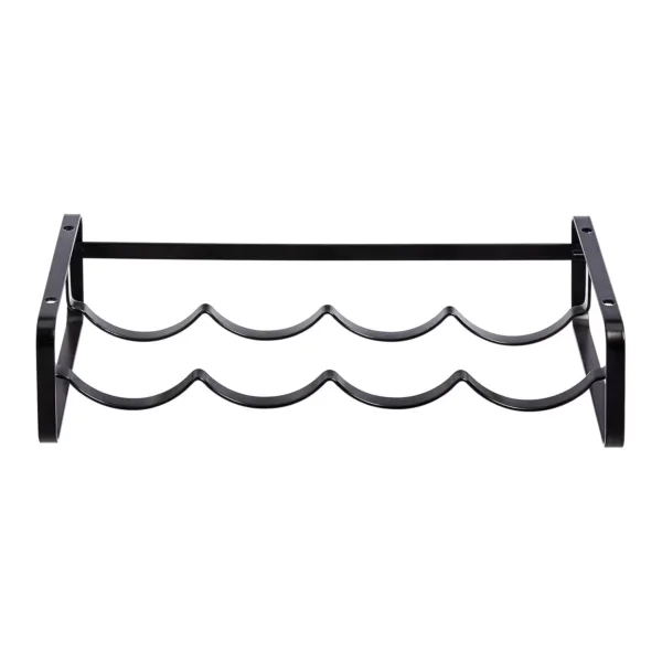 A stackable steel wine rack with a wave design securely holds wine bottles on a tabletop, preventing them from rolling.