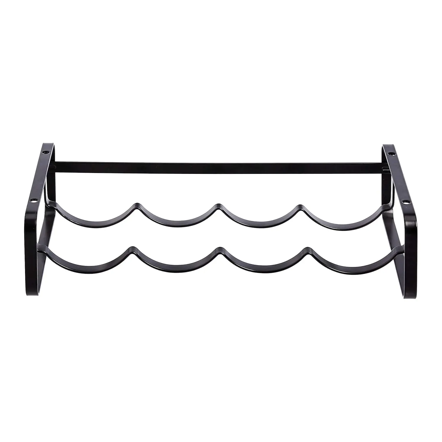 A stackable steel wine rack with a wave design securely holds wine bottles on a tabletop, preventing them from rolling.