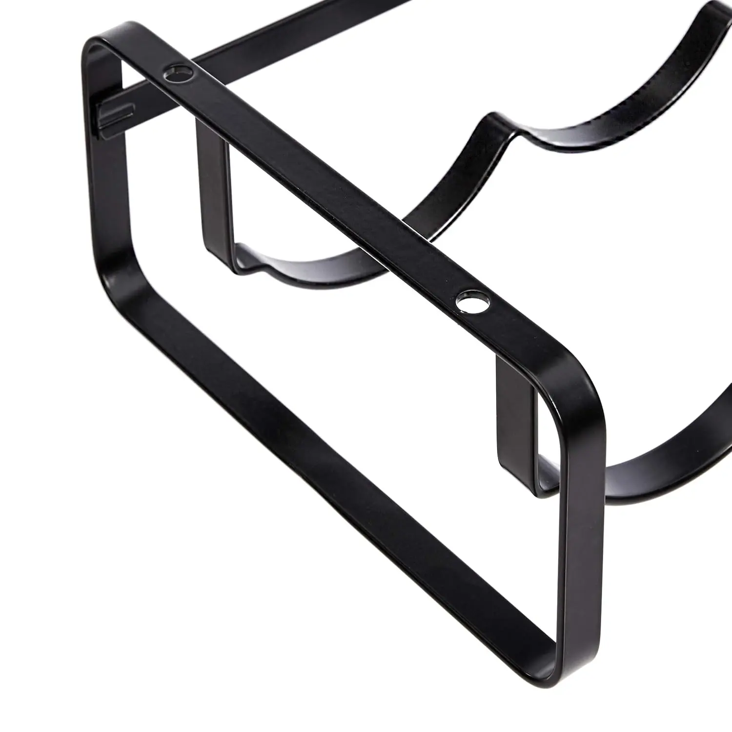 A stackable steel wine rack with a wave design securely holds wine bottles on a tabletop, preventing them from rolling.