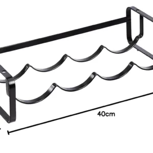 A stackable steel wine rack with a wave design securely holds wine bottles on a tabletop, preventing them from rolling.