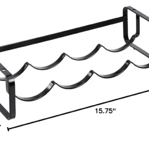 A stackable steel wine rack with a wave design securely holds wine bottles on a tabletop, preventing them from rolling.
