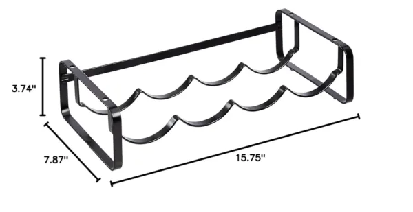 A stackable steel wine rack with a wave design securely holds wine bottles on a tabletop, preventing them from rolling.