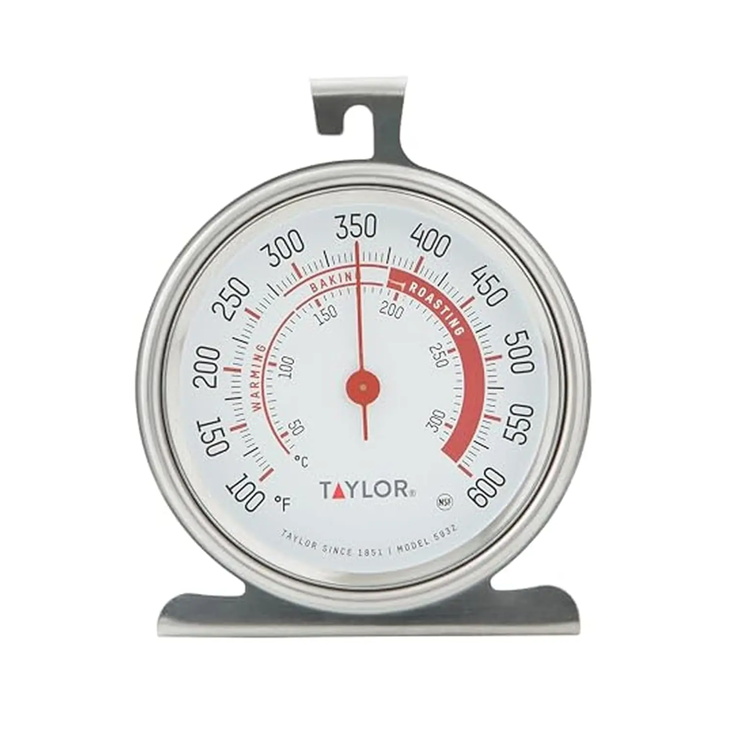 This Taylor stainless steel oven thermometer features a large, easy-to-read 3.25-inch dial with a red pointer, displaying temperatures from 100 to 600 degrees Fahrenheit, and is NSF certified for quality and durability, designed to either hang or stand inside your oven.