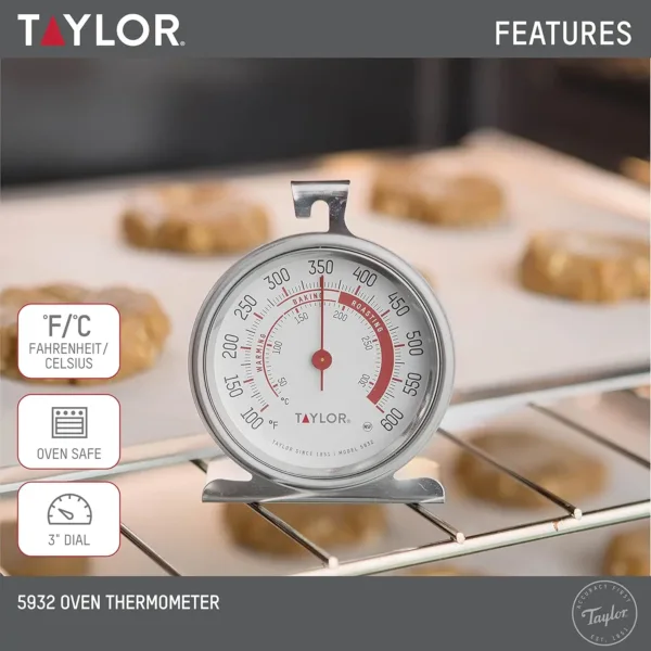 This Taylor stainless steel oven thermometer features a large, easy-to-read 3.25-inch dial with a red pointer, displaying temperatures from 100 to 600 degrees Fahrenheit, and is NSF certified for quality and durability, designed to either hang or stand inside your oven.