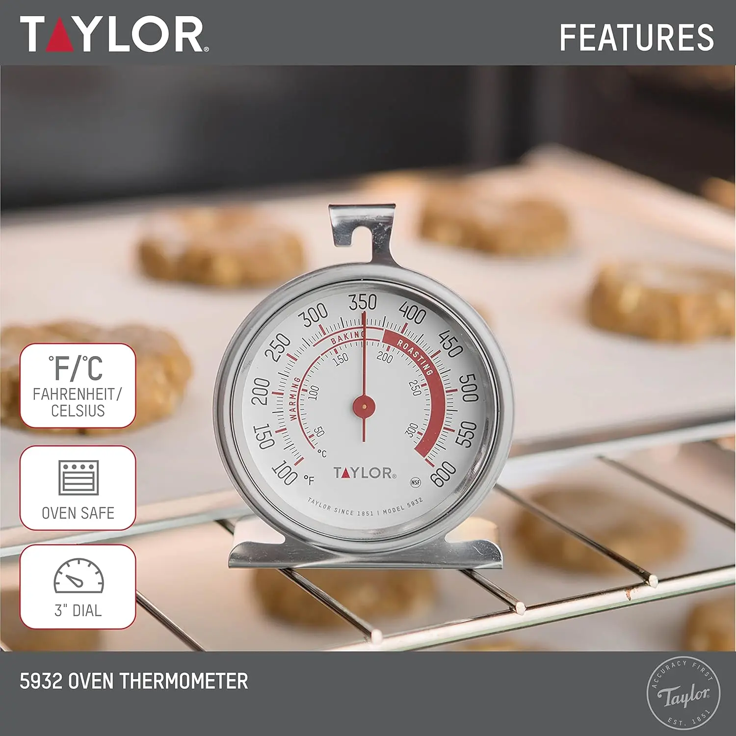 This Taylor stainless steel oven thermometer features a large, easy-to-read 3.25-inch dial with a red pointer, displaying temperatures from 100 to 600 degrees Fahrenheit, and is NSF certified for quality and durability, designed to either hang or stand inside your oven.
