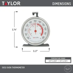 This Taylor stainless steel oven thermometer features a large, easy-to-read 3.25-inch dial with a red pointer, displaying temperatures from 100 to 600 degrees Fahrenheit, and is NSF certified for quality and durability, designed to either hang or stand inside your oven.