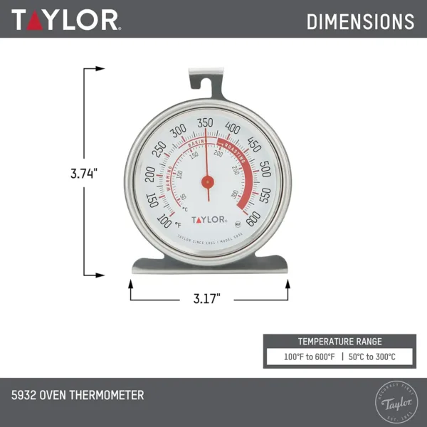 This Taylor stainless steel oven thermometer features a large, easy-to-read 3.25-inch dial with a red pointer, displaying temperatures from 100 to 600 degrees Fahrenheit, and is NSF certified for quality and durability, designed to either hang or stand inside your oven.