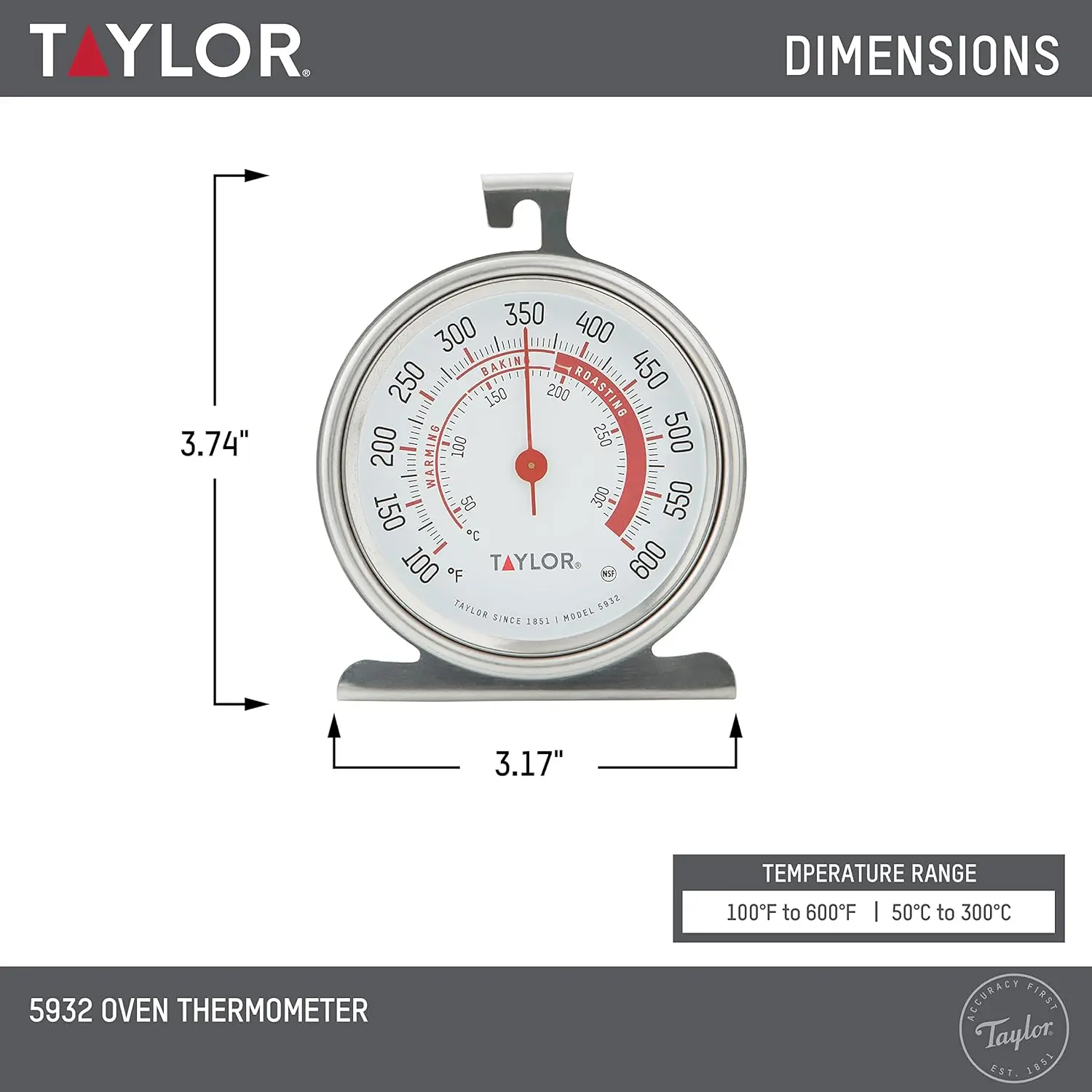 This Taylor stainless steel oven thermometer features a large, easy-to-read 3.25-inch dial with a red pointer, displaying temperatures from 100 to 600 degrees Fahrenheit, and is NSF certified for quality and durability, designed to either hang or stand inside your oven.