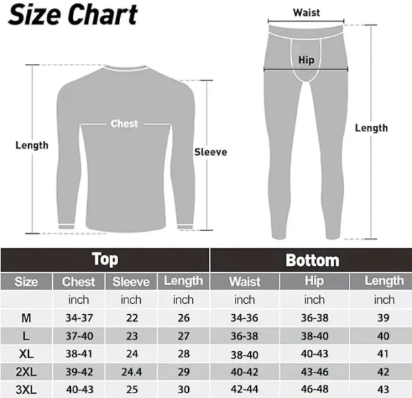 This men's thermal underwear set, crafted from a soft polyester-spandex blend with a fleece lining, provides warmth and comfort as a base layer for skiing, hiking, or everyday wear.