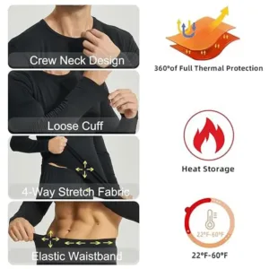 This men's thermal underwear set, crafted from a soft polyester-spandex blend with a fleece lining, provides warmth and comfort as a base layer for skiing, hiking, or everyday wear.