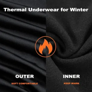 This men's thermal underwear set, crafted from a soft polyester-spandex blend with a fleece lining, provides warmth and comfort as a base layer for skiing, hiking, or everyday wear.
