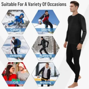 This men's thermal underwear set, crafted from a soft polyester-spandex blend with a fleece lining, provides warmth and comfort as a base layer for skiing, hiking, or everyday wear.