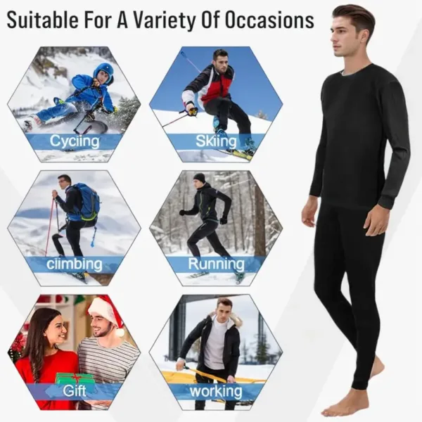 This men's thermal underwear set, crafted from a soft polyester-spandex blend with a fleece lining, provides warmth and comfort as a base layer for skiing, hiking, or everyday wear.