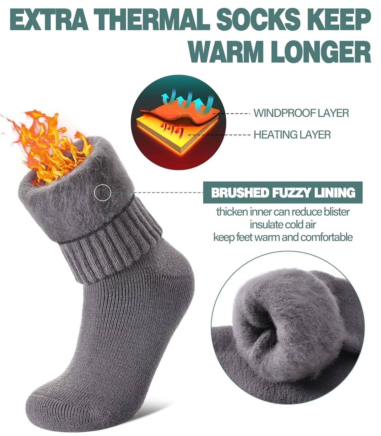 These thermal wool socks are designed for extreme temperatures, keeping feet warm and comfortable in cold weather, making them perfect for skiing, hiking, or just relaxing at home.