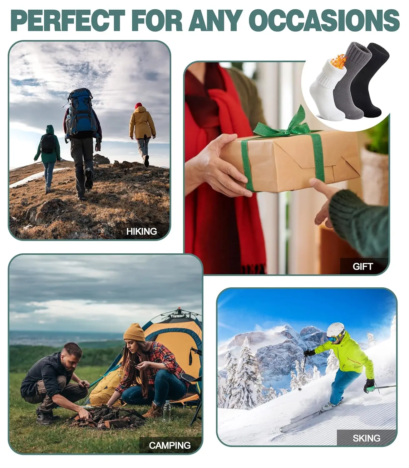 These thermal wool socks are designed for extreme temperatures, keeping feet warm and comfortable in cold weather, making them perfect for skiing, hiking, or just relaxing at home.