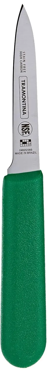 This is a three-inch Tramontina paring knife featuring a tempered stainless-steel blade with antimicrobial protection and a green ergonomic polypropylene handle for a secure grip, NSF certified for hygiene and quality.
