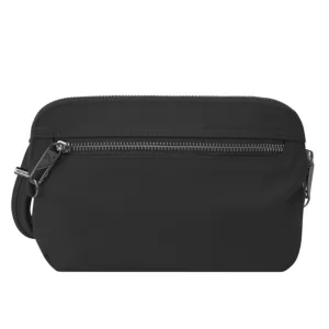 This Travelon anti-theft crossbody clutch bag can be worn as a wristlet or crossbody, featuring locking compartments, slash-resistant construction, RFID protection, and a built-in LED light.