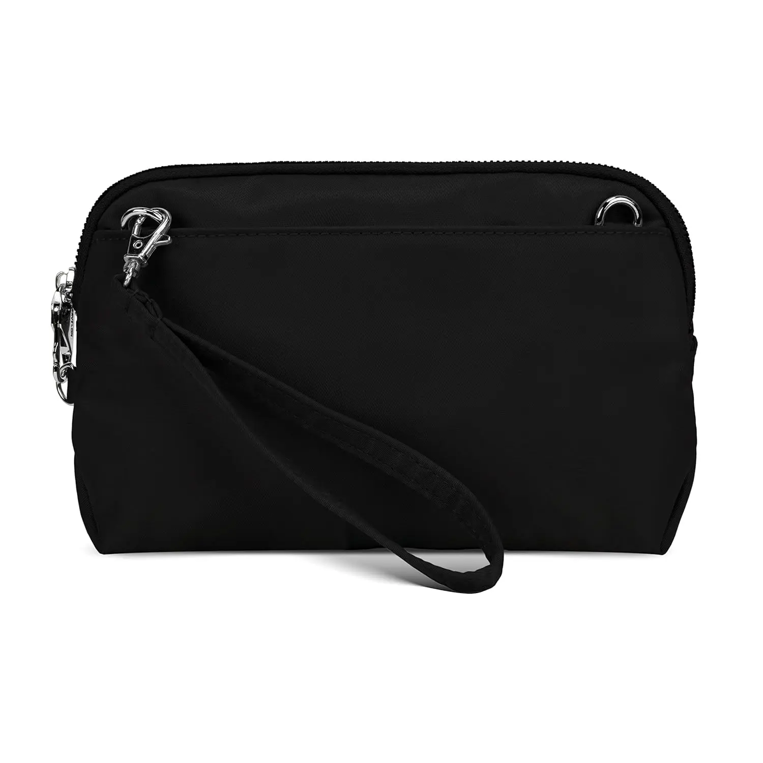 This Travelon anti-theft crossbody clutch bag can be worn as a wristlet or crossbody, featuring locking compartments, slash-resistant construction, RFID protection, and a built-in LED light.