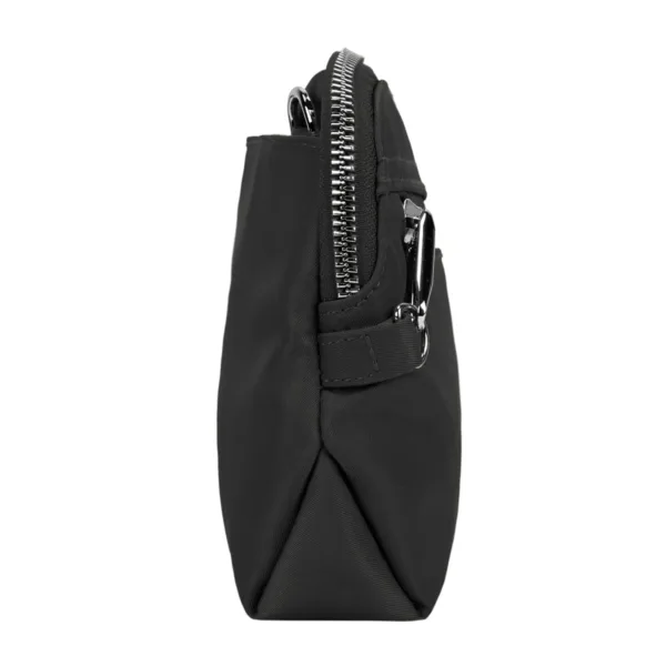 This Travelon anti-theft crossbody clutch bag can be worn as a wristlet or crossbody, featuring locking compartments, slash-resistant construction, RFID protection, and a built-in LED light.