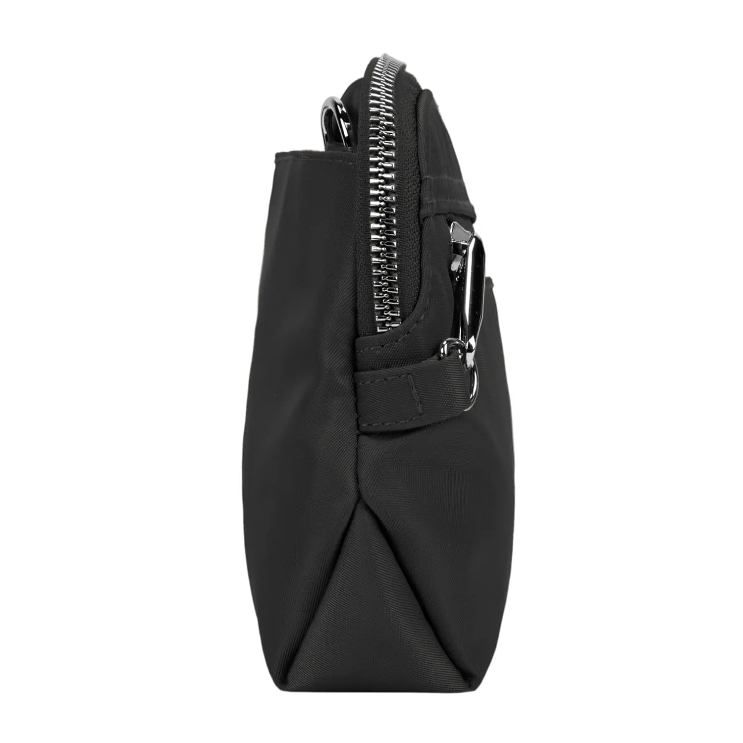 This Travelon anti-theft crossbody clutch bag can be worn as a wristlet or crossbody, featuring locking compartments, slash-resistant construction, RFID protection, and a built-in LED light.