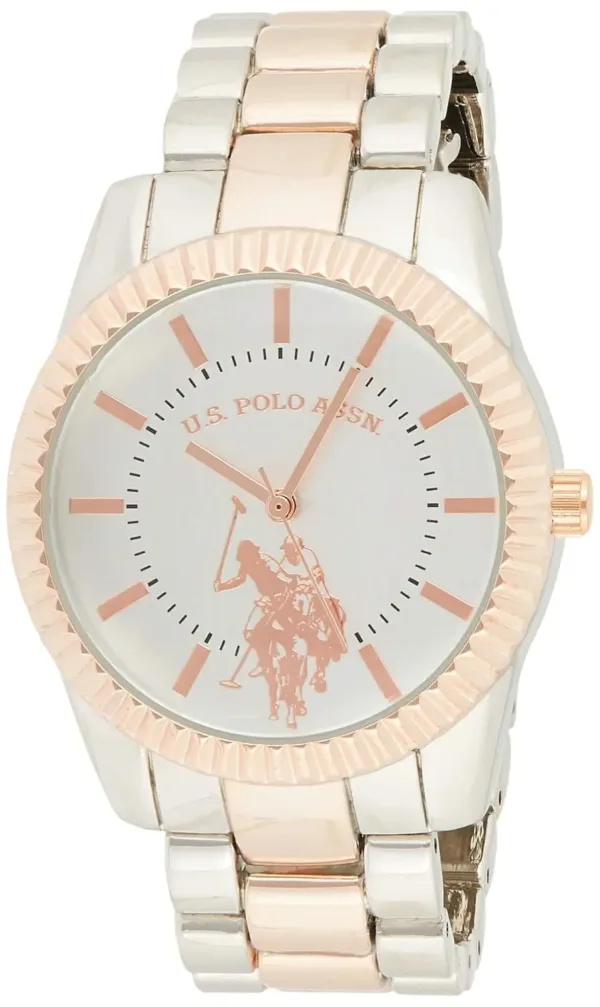 This is a U.S. Polo Assn. women's classic analogue watch featuring a gold plated strap and a Japan quartz movement.