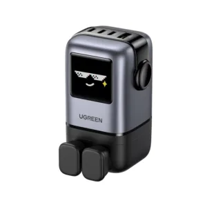 This is a UGREEN UNO 100W USB C charger with four ports, a GaN wall fast charger, and a funny LED display, designed as a compact power adapter for laptops, iPhones, and Galaxy devices.