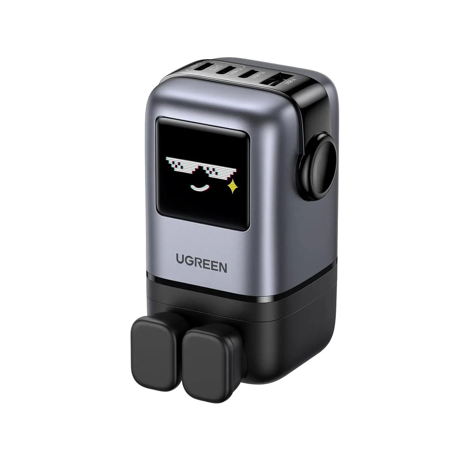 This is a UGREEN UNO 100W USB C charger with four ports, a GaN wall fast charger, and a funny LED display, designed as a compact power adapter for laptops, iPhones, and Galaxy devices.