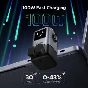 This is a UGREEN UNO 100W USB C charger with four ports, a GaN wall fast charger, and a funny LED display, designed as a compact power adapter for laptops, iPhones, and Galaxy devices.