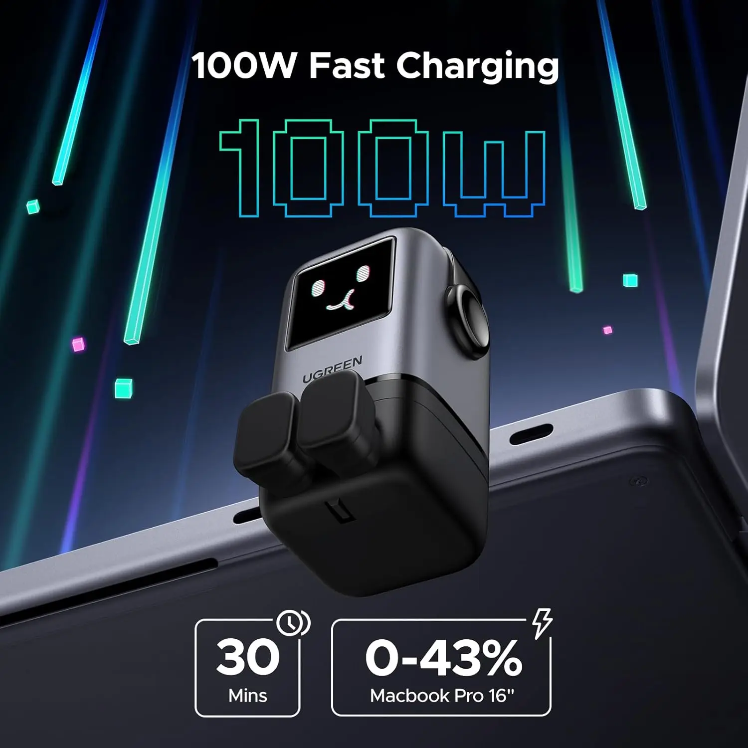 This is a UGREEN UNO 100W USB C charger with four ports, a GaN wall fast charger, and a funny LED display, designed as a compact power adapter for laptops, iPhones, and Galaxy devices.