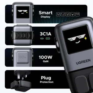 This is a UGREEN UNO 100W USB C charger with four ports, a GaN wall fast charger, and a funny LED display, designed as a compact power adapter for laptops, iPhones, and Galaxy devices.