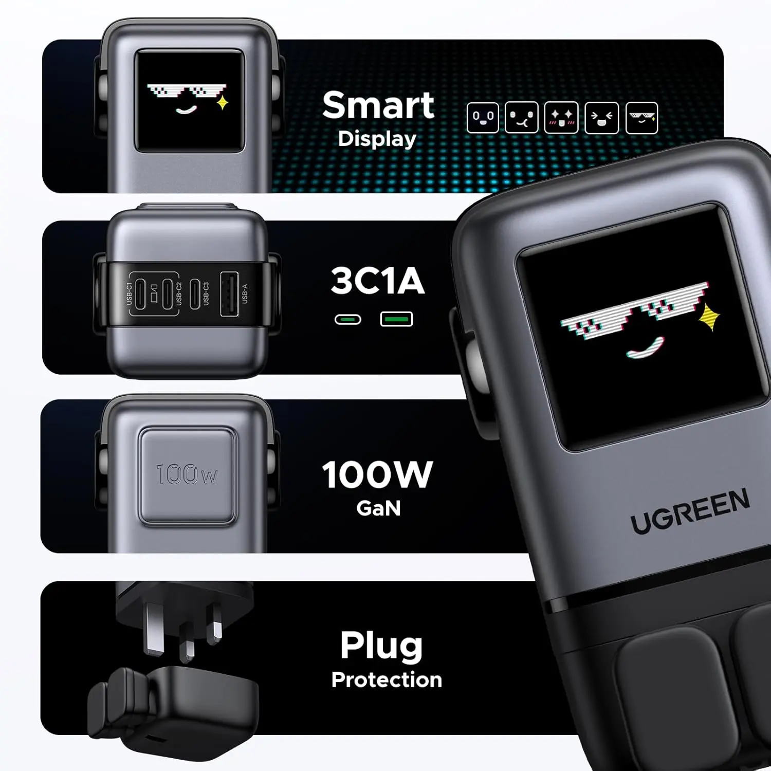 This is a UGREEN UNO 100W USB C charger with four ports, a GaN wall fast charger, and a funny LED display, designed as a compact power adapter for laptops, iPhones, and Galaxy devices.