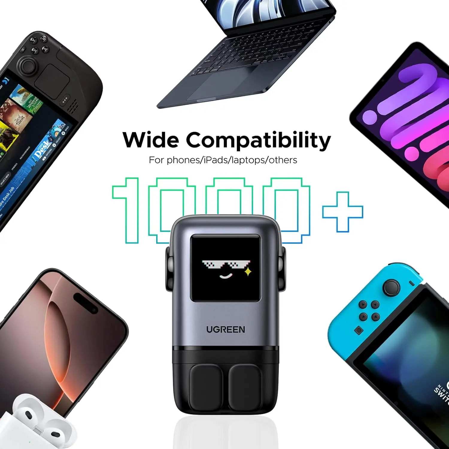 This is a UGREEN UNO 100W USB C charger with four ports, a GaN wall fast charger, and a funny LED display, designed as a compact power adapter for laptops, iPhones, and Galaxy devices.