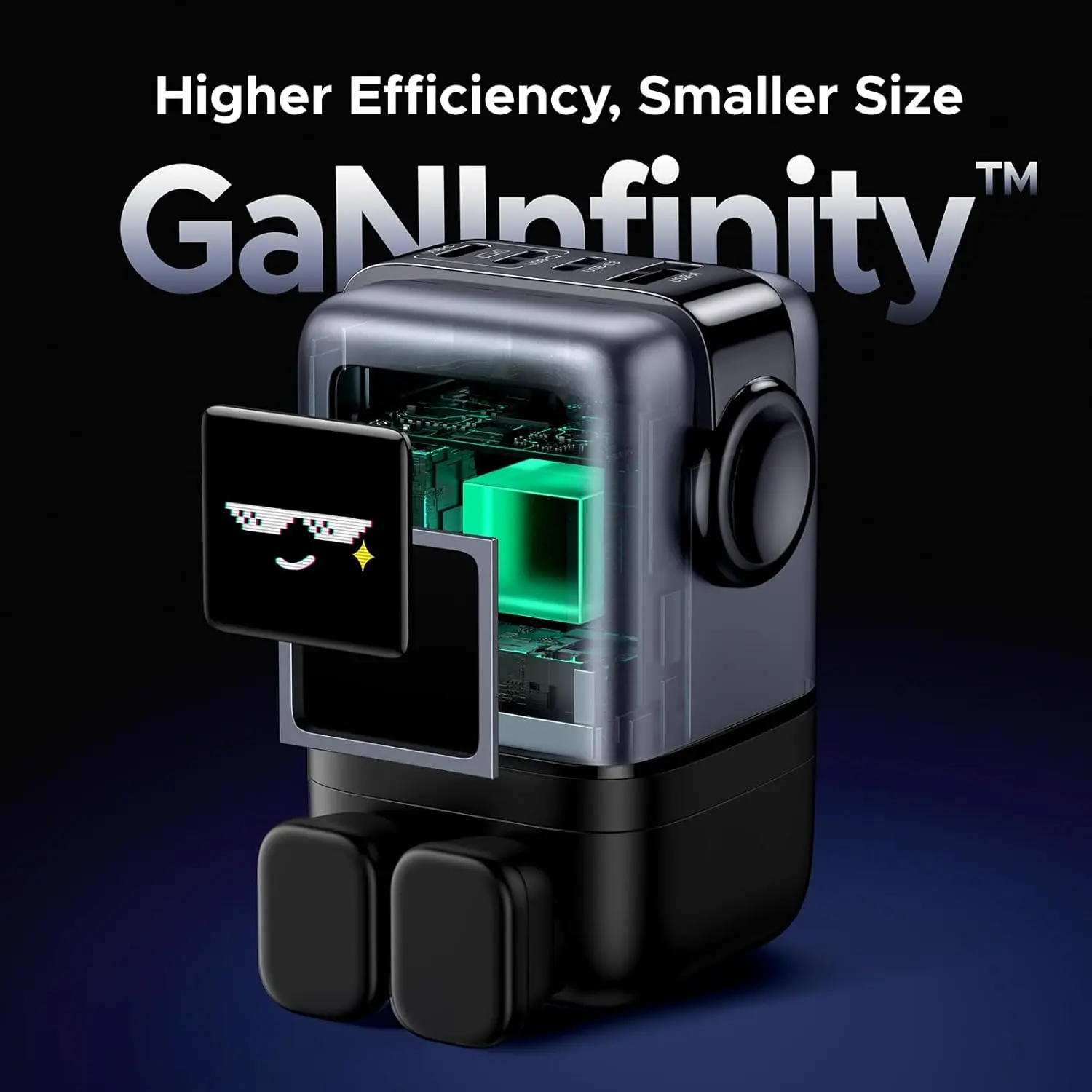 This is a UGREEN UNO 100W USB C charger with four ports, a GaN wall fast charger, and a funny LED display, designed as a compact power adapter for laptops, iPhones, and Galaxy devices.