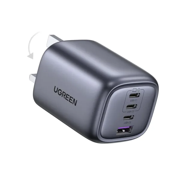 This UGREEN 65W USB C Charger features four ports, including three USB-C and one USB-A, and offers fast charging for multiple devices like laptops, tablets, and smartphones, showcasing its foldable design and broad compatibility.