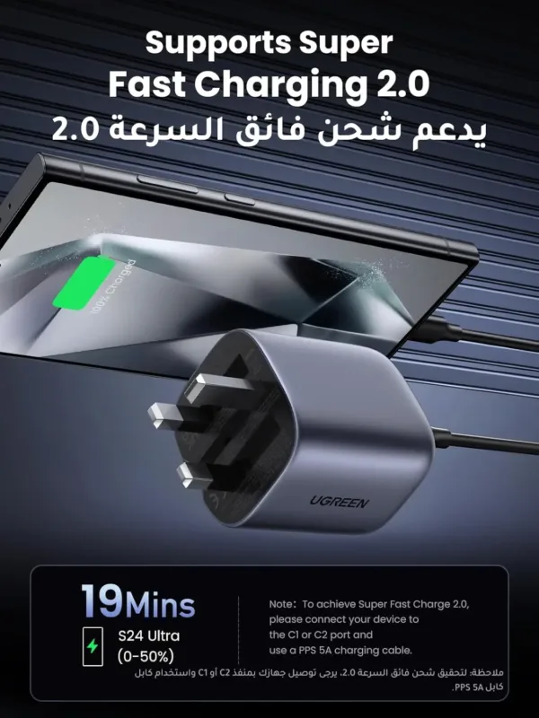 This UGREEN 65W USB C Charger features four ports, including three USB-C and one USB-A, and offers fast charging for multiple devices like laptops, tablets, and smartphones, showcasing its foldable design and broad compatibility.