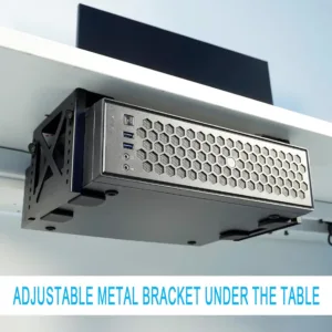 This adjustable under desk PC mount securely holds a computer tower vertically, maximizing desk space and providing stability with its steel frame and vibration-resistant mounting.