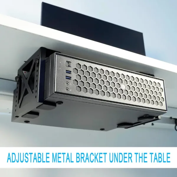 This adjustable under desk PC mount securely holds a computer tower vertically, maximizing desk space and providing stability with its steel frame and vibration-resistant mounting.