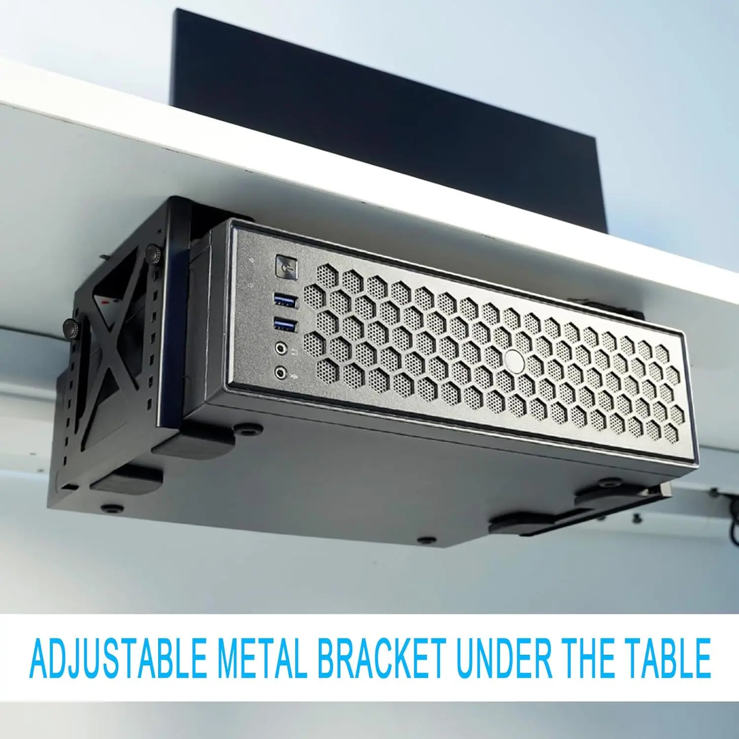 This adjustable under desk PC mount securely holds a computer tower vertically, maximizing desk space and providing stability with its steel frame and vibration-resistant mounting.
