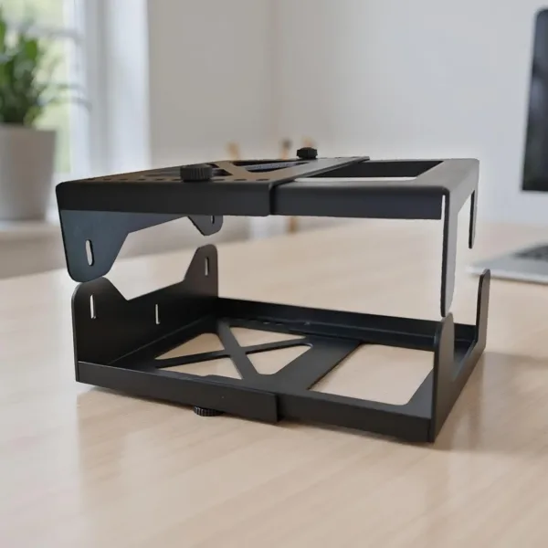 This adjustable under desk PC mount securely holds a computer tower vertically, maximizing desk space and providing stability with its steel frame and vibration-resistant mounting.