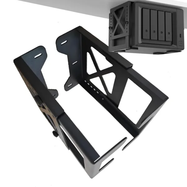 This adjustable under desk PC mount securely holds a computer tower vertically, maximizing desk space and providing stability with its steel frame and vibration-resistant mounting.