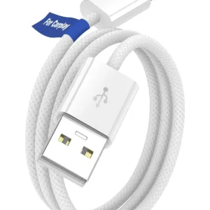 This white 3.3 ft USB-A to USB-C cable is ideal for connecting your iPhone 15, 16, or Samsung Galaxy S23, S24, S25 to your car's CarPlay or Android Auto system, offering fast charging and reliable data transfer with its durable braided design.